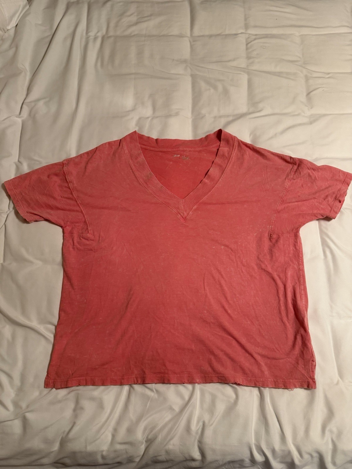 Aerie Shirt Womens Medium Coral Cotton Distressed V Neck Short Sleeve Oversized