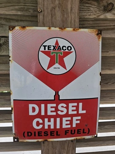 VINTAGE OLD TEXACO DIESEL CHIEF PORCELAIN GAS STATION PUMP SIGN 12" x 16"