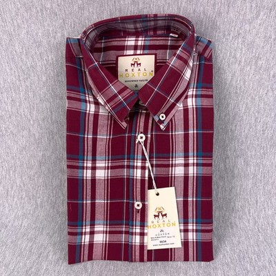 Real Hoxton Shirt Womens 12 Button-Up Wine & Blue Check Plaid Short Sleeve NEW