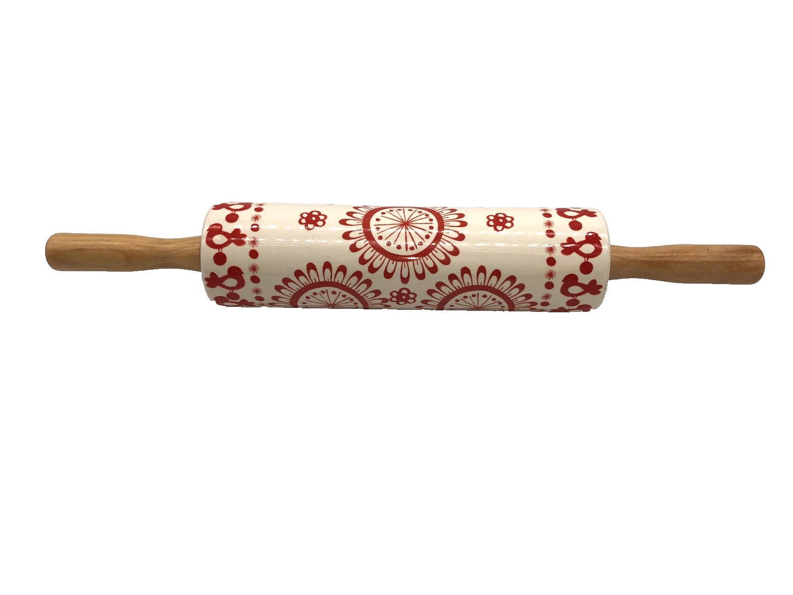 Anthropologie Red Ceramic Rolling Pin Folk Floral Wood Handle Kitchen Exclusive