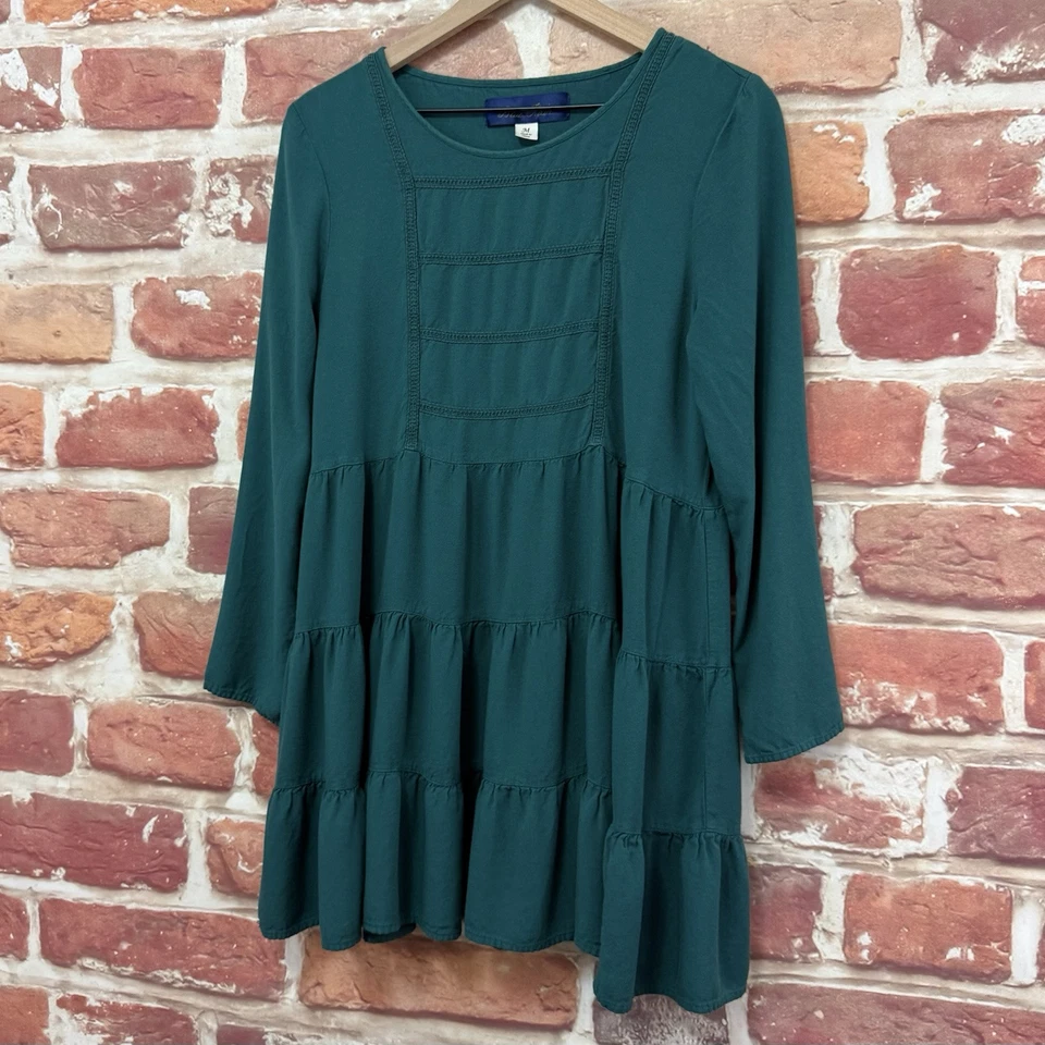 Francescas Blue Rain Dress Womens Medium Green Floral Lace Accent Back Popover - Image 3 of 4