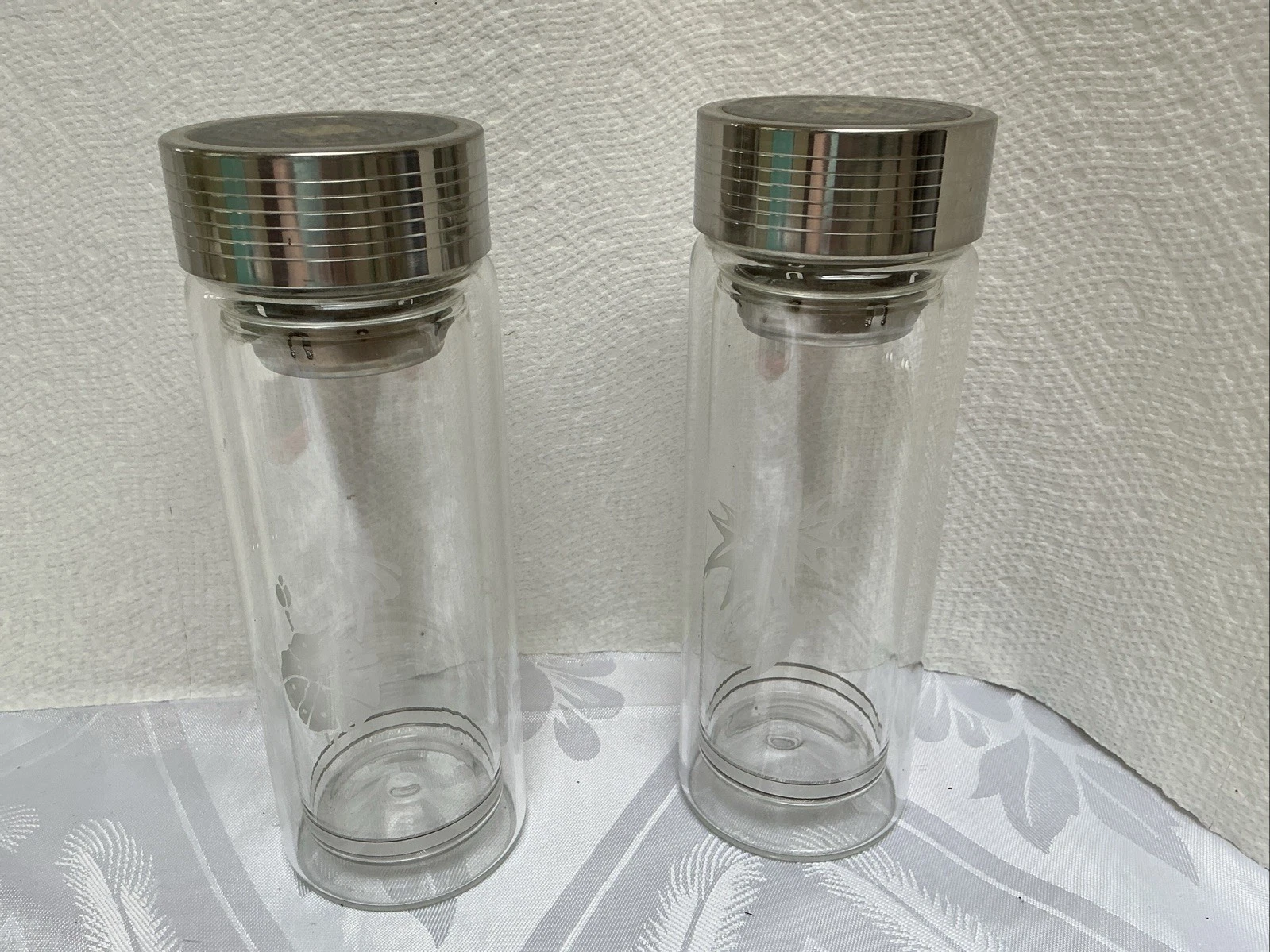 TWO TEA INFUSER BOTTLES DOUBLE GLASS STAINLESS STRAINER 6.5”long 2.25” DIAMETER