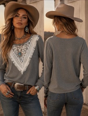 BiBi Lace And Fringe Waffle Knit Grey Shirt