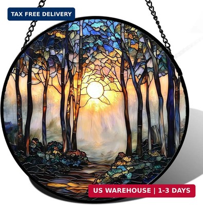 DASTOLL Stained Glass Window Hanging, Forest Sunrise Smoke Blue Brown Tree Sunca