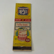 IGA Sno-Kreem The Fresh Creamy Shortening Vintage Matchbook Cover SMB7-5