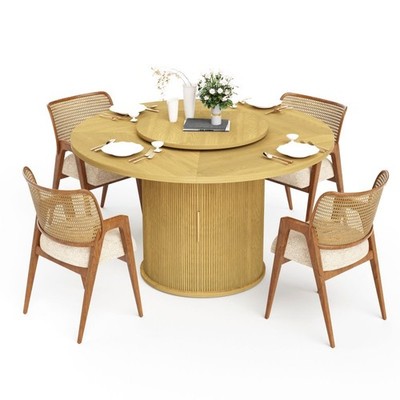 55'' Round Dining Tables With Door, Double-tiered Storage Rack Rotating Tabletop