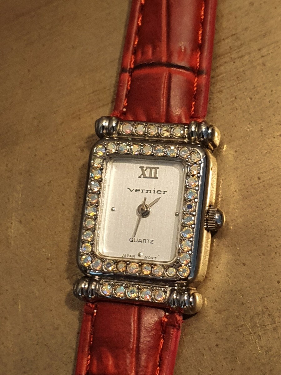 Vernier quartz women watch analog stones frame red leather  display picture 1