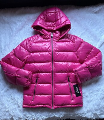 MSRP $225 Guess Magenta Quilted Nylon Hooded Zip Puffer Coat Mens Size  Small