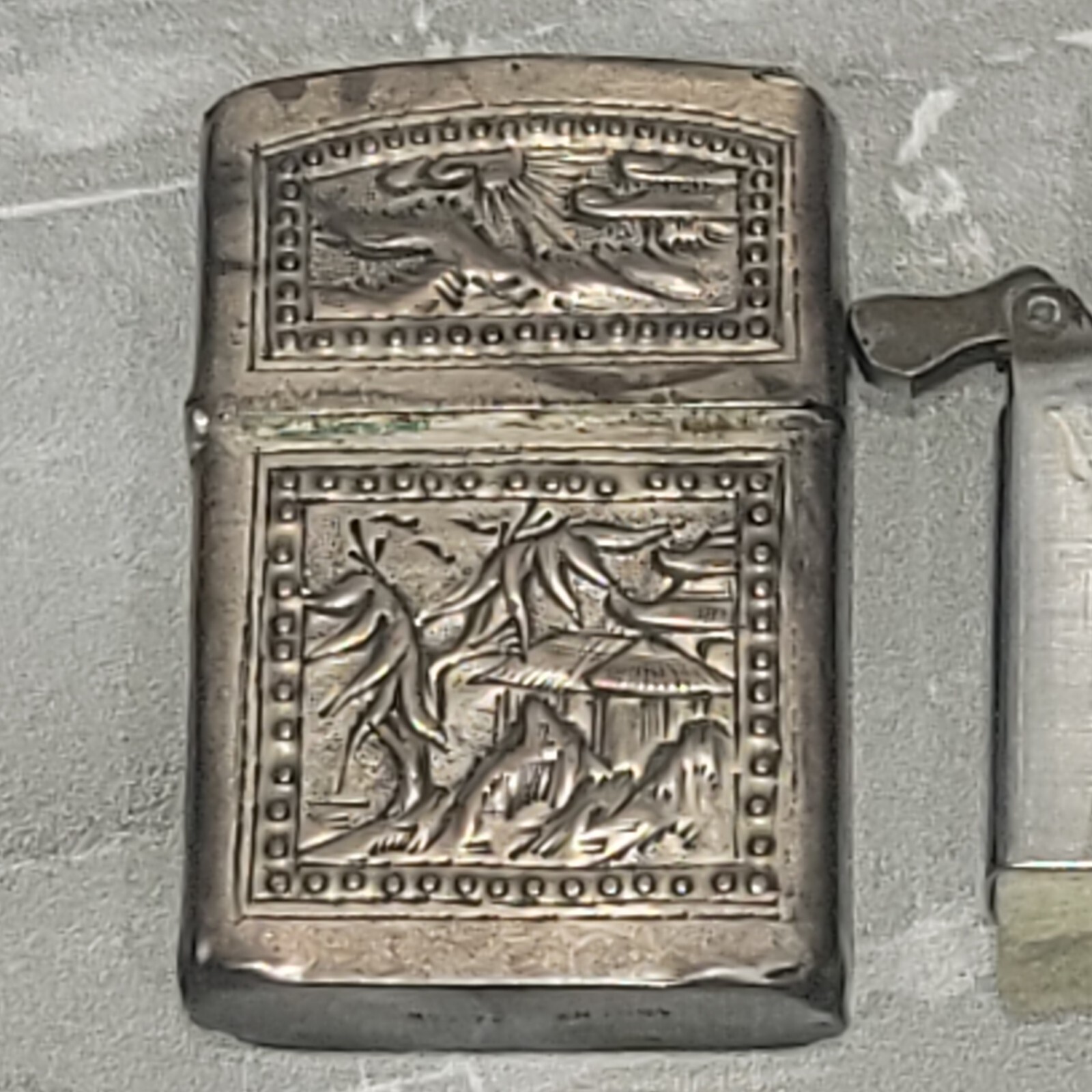 Vintage Saigon Argent Flip Top Silver Tone Pocket Lighter Embossed