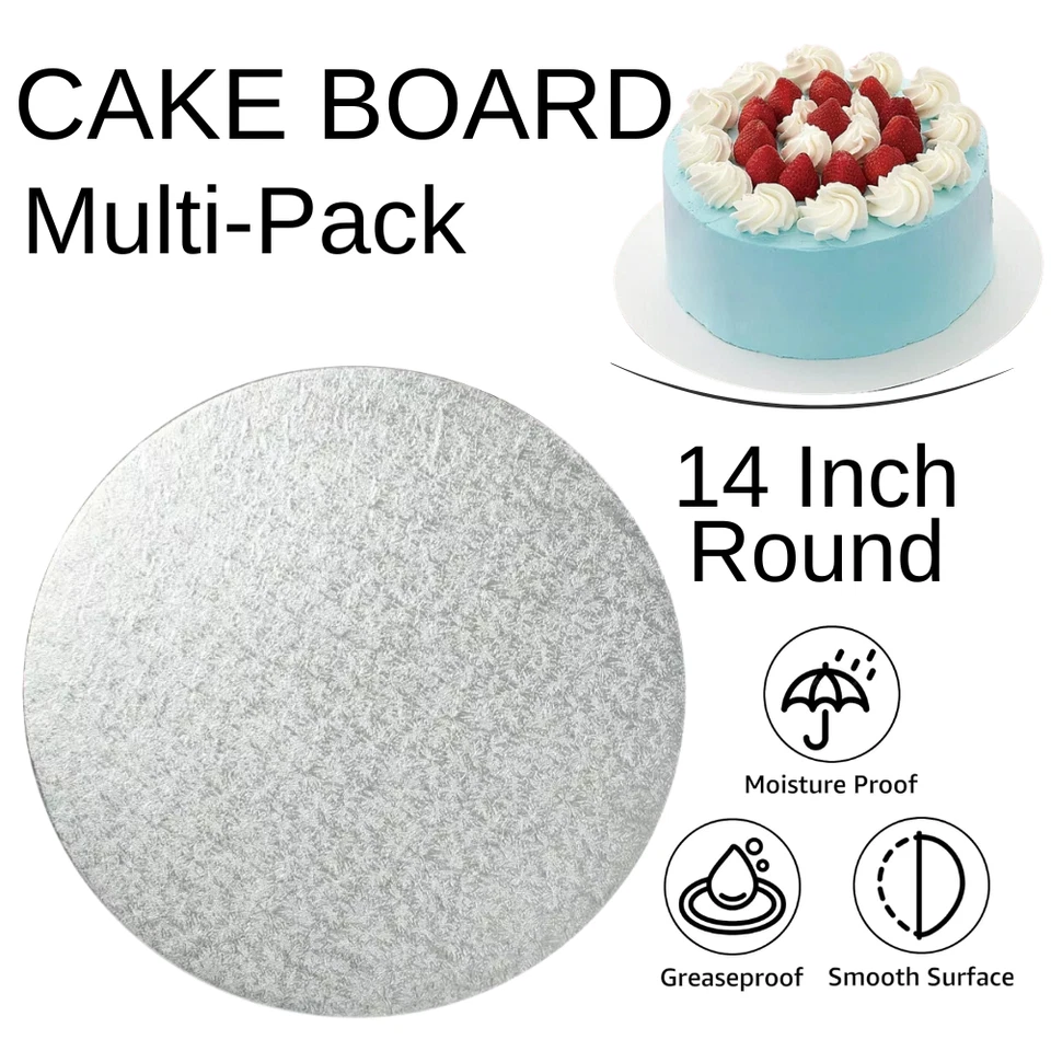DORIC 14 Inch Round Cake Boards Premium Silver Foil 3mm Double Thick