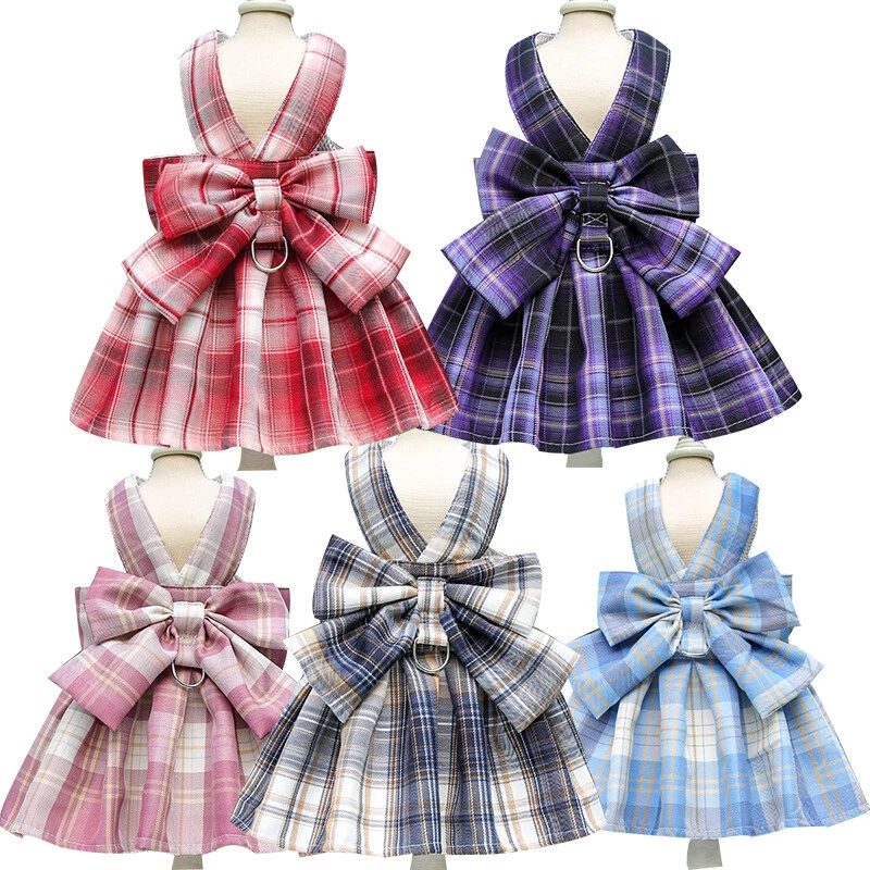 Small Pet Dog Plaid Bow Skirt Vest Dress Clothes Puppy Cat Harness + Leash Set - Image 2 of 4