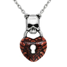 skull necklace with red heart lock pendant by Controse