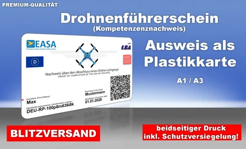 EU Drone Driving Licence A1/A3 Plastic Card, Credit Card Size, Proof of Competence