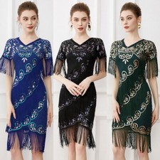 Women V-neck Short Sleeve Dress Layered Tassel Beaded Sequin Party Dancewear