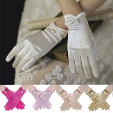 Ladies Short Satin Pearl Beads Gloves Silky Wrist Glove Party Wedding Evening US