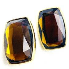 Chunky Faux Topaz Earrings Clip On Glass Gold Tone November Birthstone
