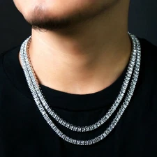 14k White Gold Plated Ice Cubic Zirconia 1 Row SILVER Chain Tennis Necklace