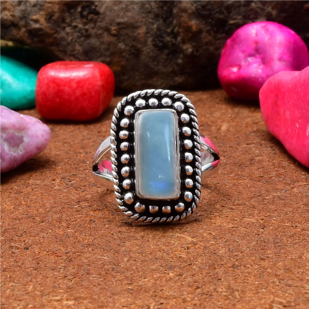 Anello Artigianale In Argento Sterling 925 Con Perla, Ambra, Granato E Pietra Di Luna - Gioiello Bohémien Donna