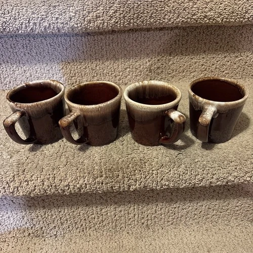 Set of 4 Vintage McCoy Pottery Brown Drip Glaze Coffee Mugs Cups D Handle USA