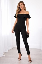 Black Off Shoulder Ruffle Skinny Leg Jumpsuit Elegant Party Size L