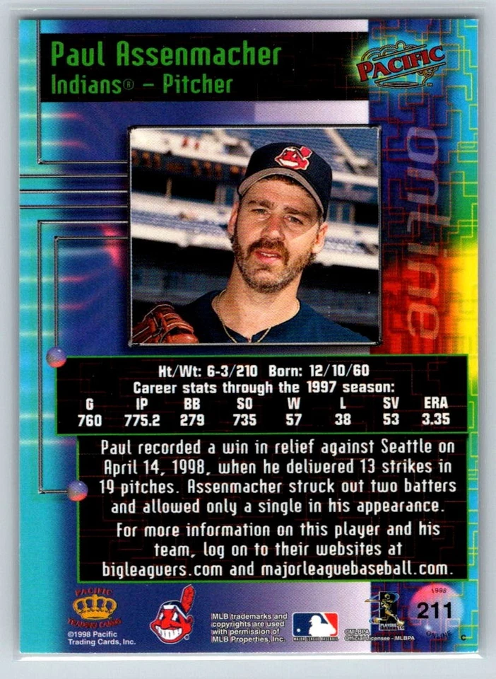 1998 Pacific Online #211 Paul Assenmacher - Image 2 of 2