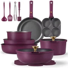 21pcs Pots and Pans Set, Nonstick Cookware Set Detachable Handle, Induction K