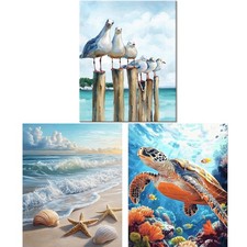 3 Pack Beach Diamond Art Kits for Adults - Seaturtle 5D Diamond Painting for Adu