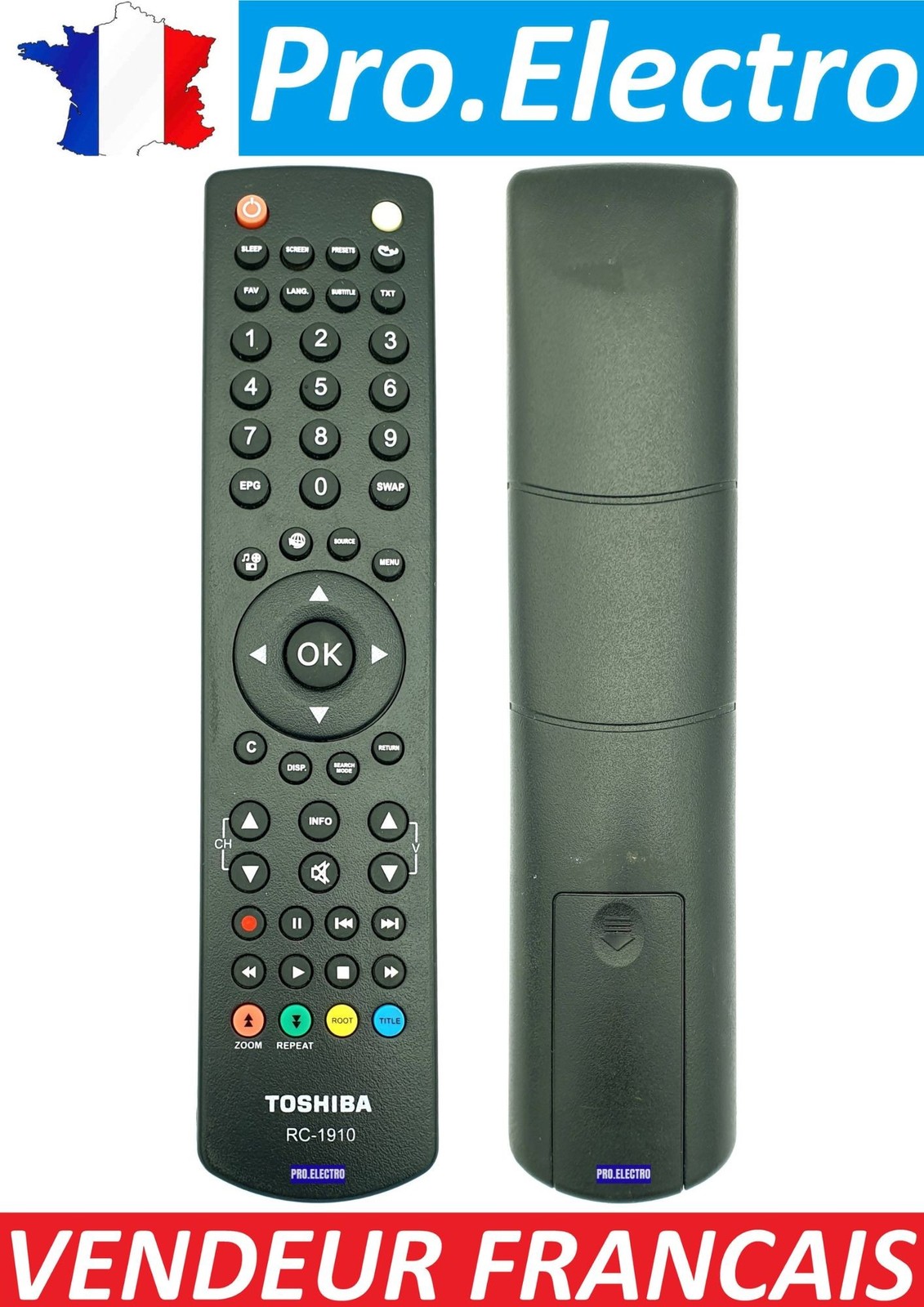 Télécommande Toshiba RC-1910 pour remplacer un boîtier TV perdu ou cassé