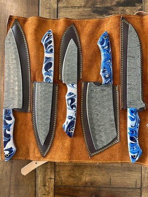 CUSTOM HANDMADE DAMASCUS HAMMERED 5 PIECES CHEF SET RESIN HANDLE & LEATHER BAG