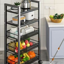 5 Tier Kitchen Storage Vegetable Fruit Trolley Basket Rack Wheels Hook Cart UK