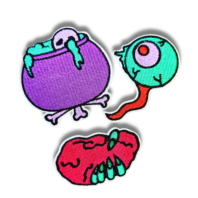 Creepy Cauldron Patch Trio   3pc Halloween Iron-On Embroidered Appliques (2'')