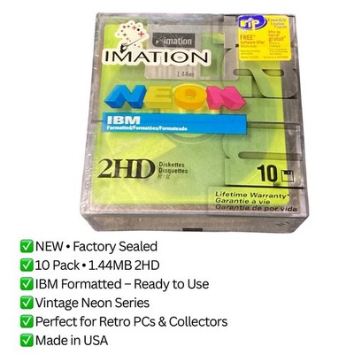 Imation Neon 2HD IBM Formatted Floppy Disks 1.44MB 10 Pack   NEW Sealed Vintage