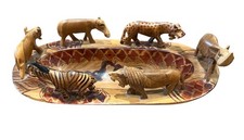 African Safari Animal Hand Carved Wood Bowl 12"w x 5 7/8"d x 4"h