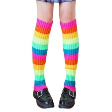 Women 80s Retro Party Ribbed Knit Leg Warmers Neon Rainbow Striped Dance Socks