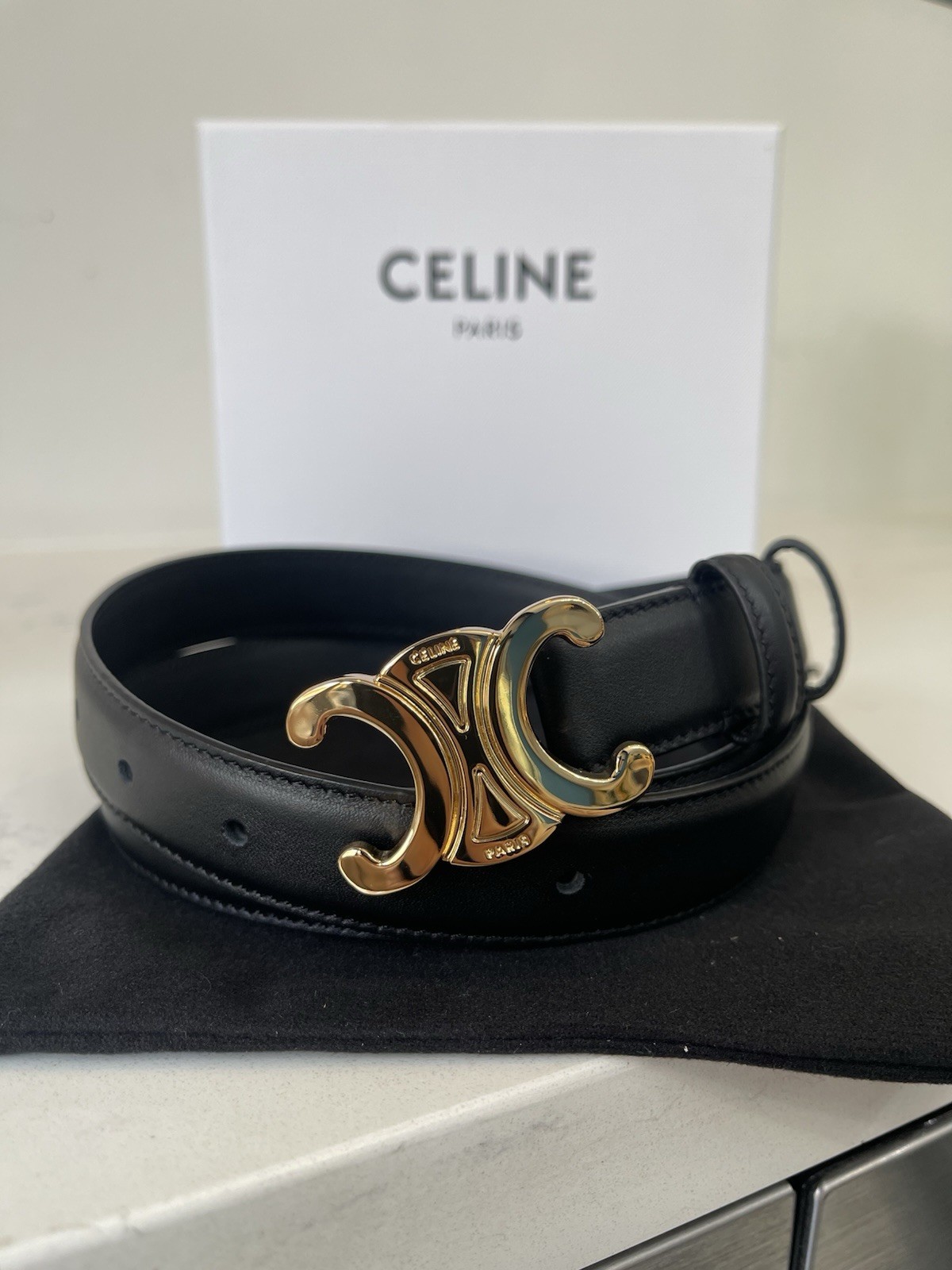 Celine Triomphe Belt Black Leather Gold Tone Buckle  Size 85