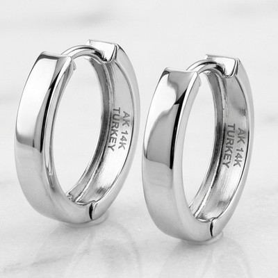 14K Solid White Gold Huggie Hoop Earrings 15mm x 3.8mm Polished Plain Huggys