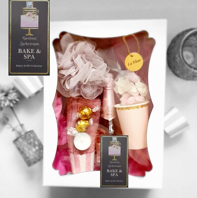 Luxury Bath Gift Set For Women pink with rose sparkle wine in XL luxury box