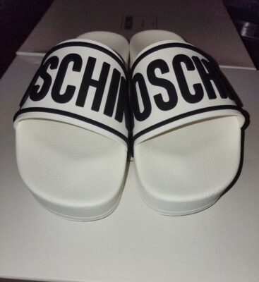 Moschino Womens 8.5 EU 41 Logo Platform Slides Sandals White Black