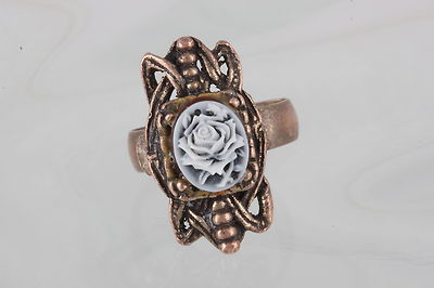 COPPER VINTAGE ROSE CARVED CAMEO GLUED ON  STONE RING SIZE 7 ADJUSTS 1537B