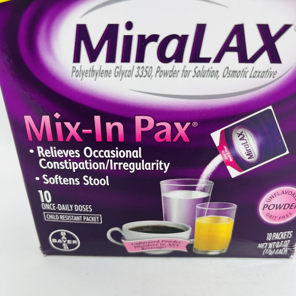 Miralax Mix In Pax Laxative Powder Travel Packets 10 Ct Unflavored TSA Miralax mix in pax laxative powder travel packets 10 ct unflavored tsa