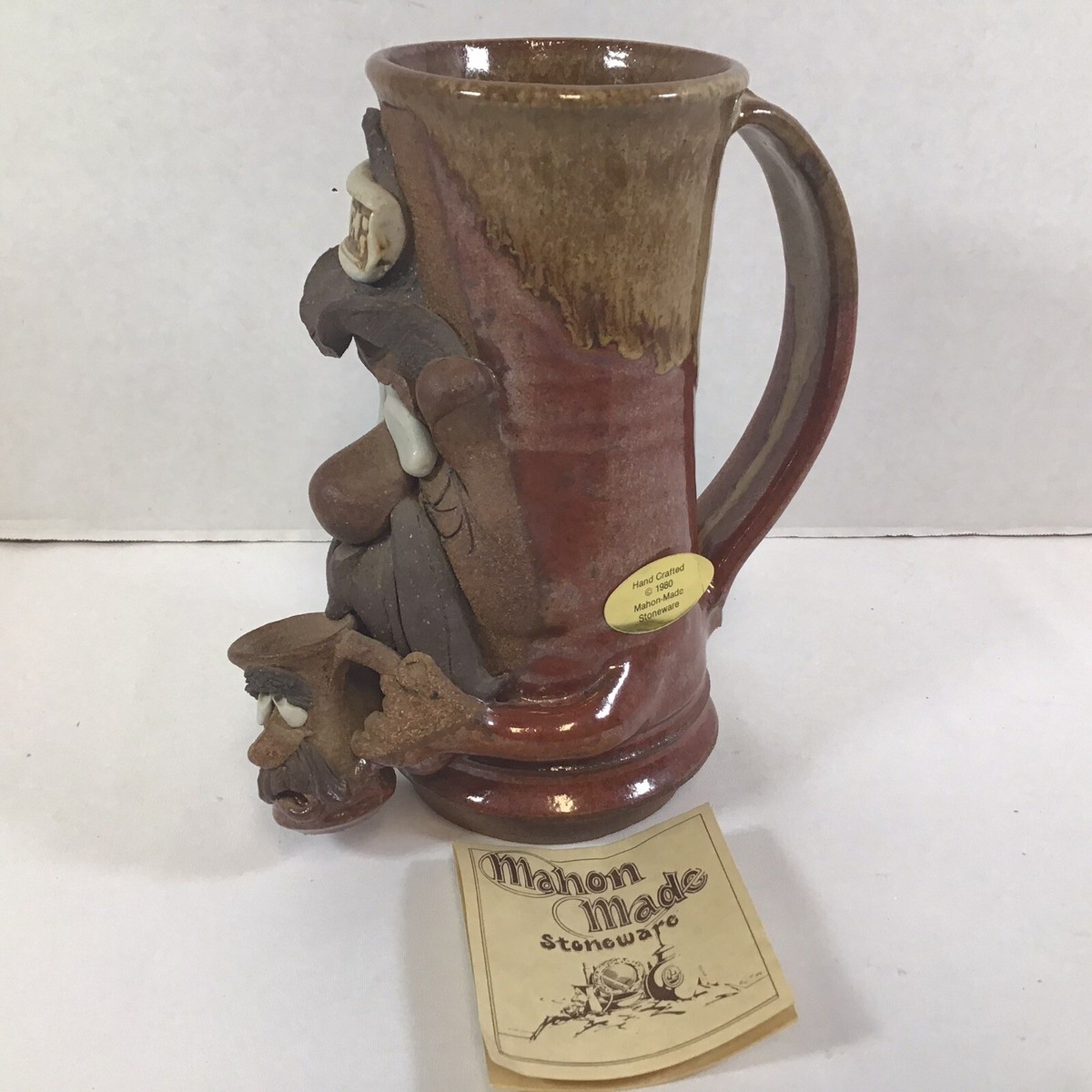 Mahon Made Stoneware 3D Pottery Ugly Face Beer Stein Mug Cowboy