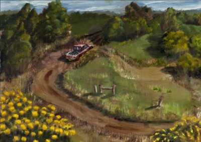 Red Truck At Arroyo Hondo - A surprise visit by this truck added to my painting