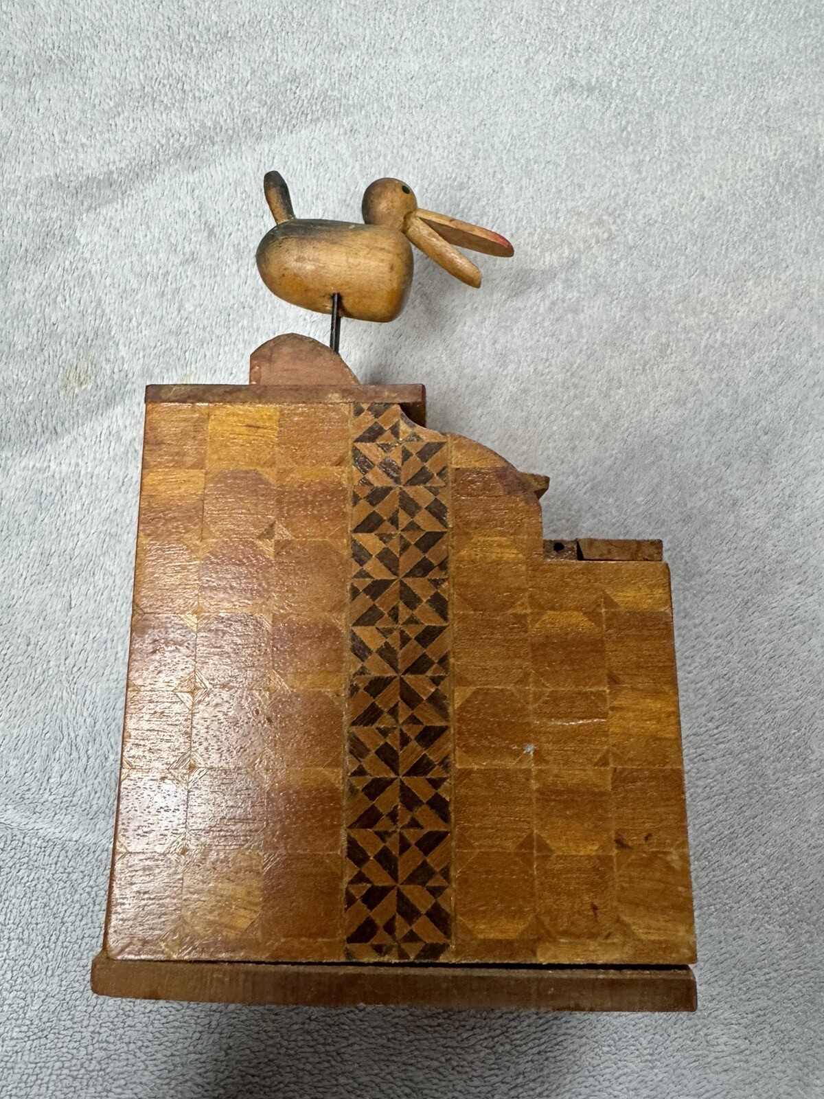 Vintage Antique 1960s Wooden Inlaid Cigarette Dispenser Box with Bird