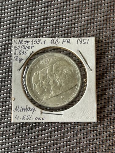 1951 BELGIUM Silver COIN 100 FRANCS FOUR KINGS 18 GR - Afbeelding 1 van 4