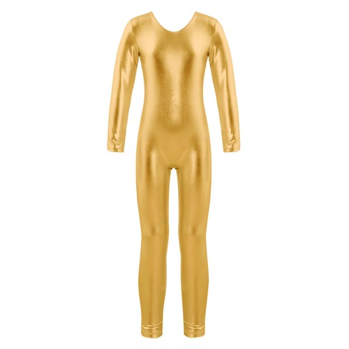 Girls Bodysuit Shiny Jumpsuit Metallic Leotard Sport Unitard Long Sleeves Jazz - Picture 33 of 70