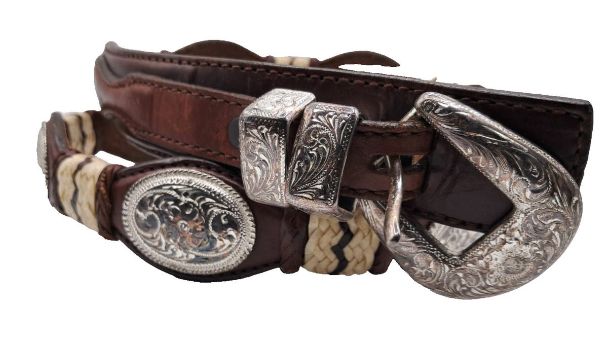 TONY LAMA Sz 34 NWOT Rhinestone Heart Buckle Silver Studs Leather Western Belt Vintage Tony Lama Silver Heart Brown Leather belt – Holy Thrift main image 2