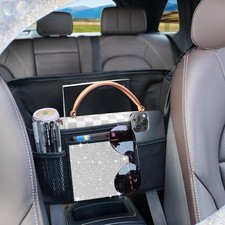 Car Handbag Holder Between Seats Bling Crystal Car Storage Bag Large Black