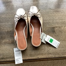 M&S Leather Bow Flat Mules Shoes in Gold Metallic Slip On Square Toe UK Size 4