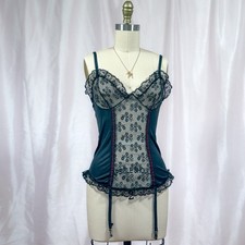 Vintage 70s 80s Nan Flower Black Lace Garter Bustier S M