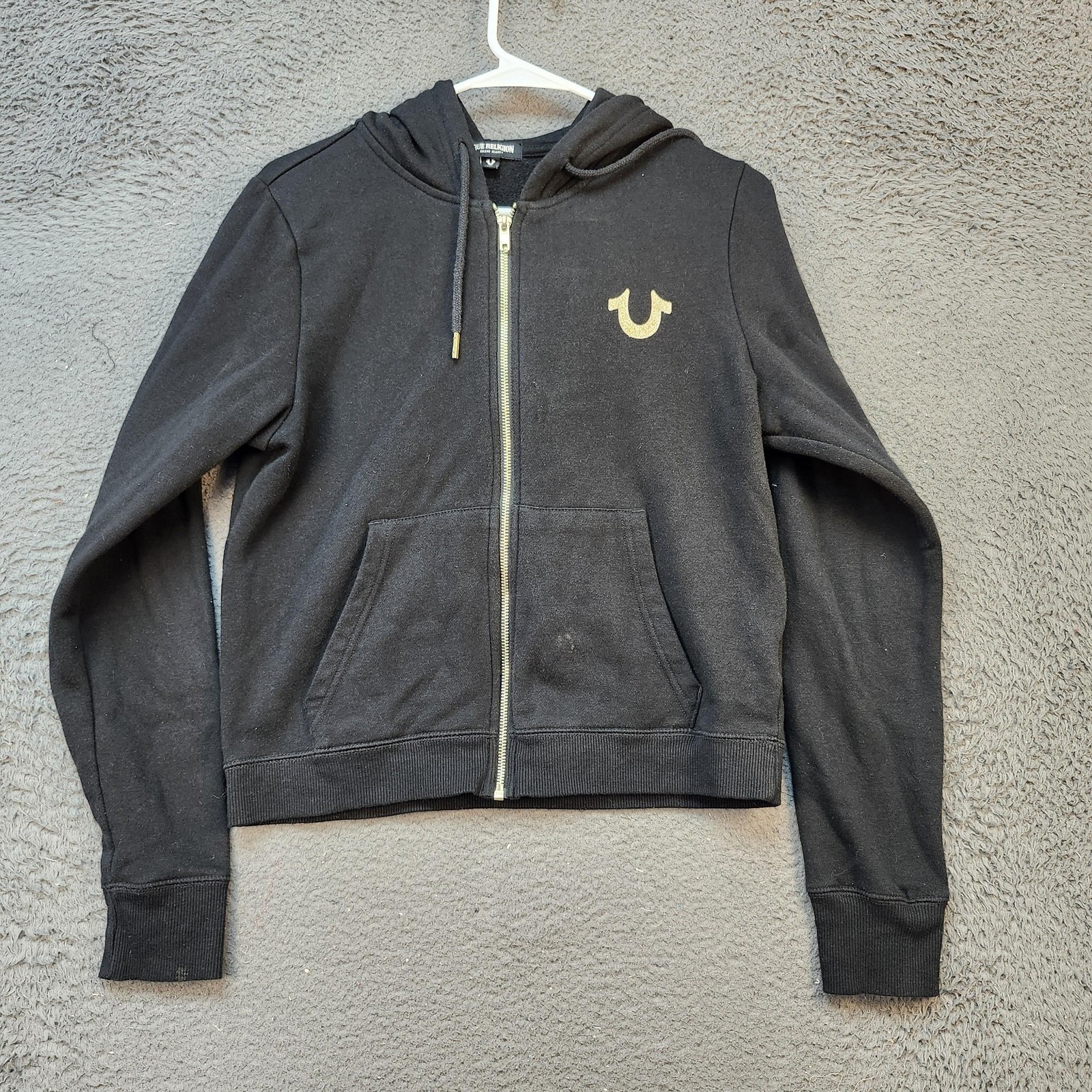 True Religion Hoodie Womens Medium Black Gold Logo Full Zip Sweatshirt Pullover